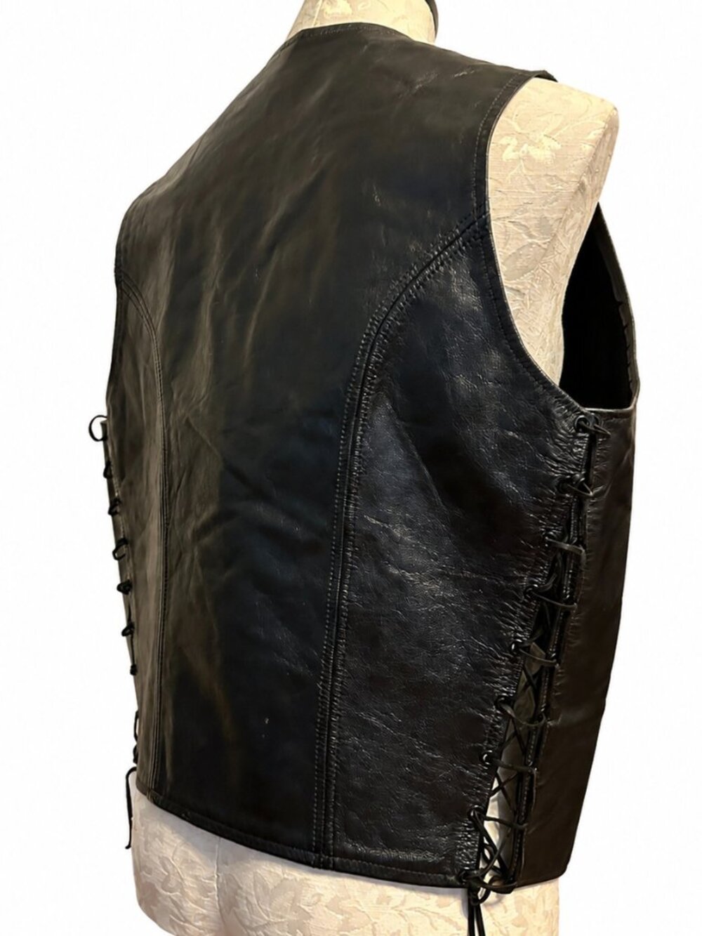 Vintage Mr. S Leather Black Side Lace Up Moto Biker Vest Men’s Large
